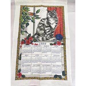 Kay Dee Designs Linen DISH TOWEL 1999 Calendar Cat In Window Blue Bird